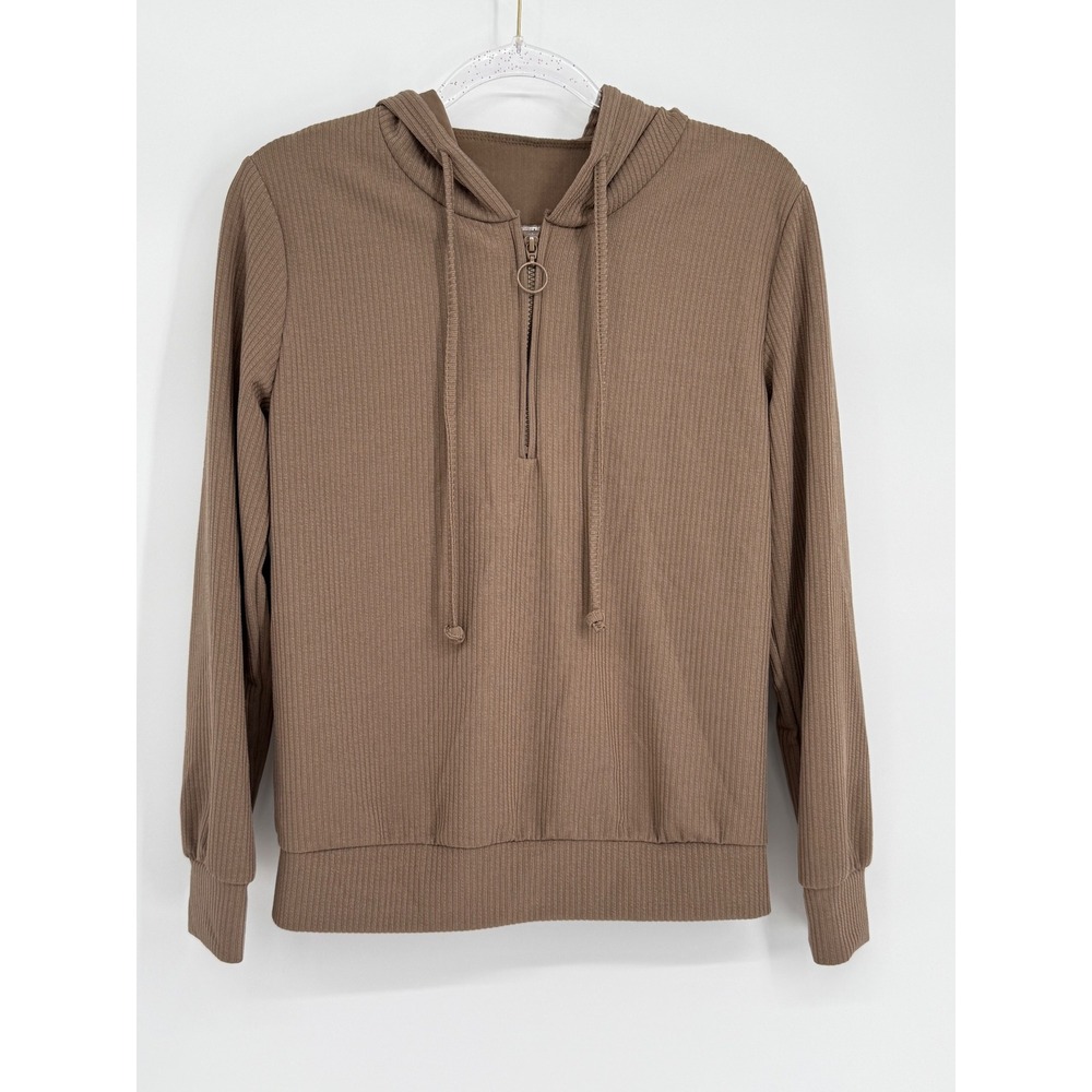 Taupe Brown Ribbed Quarter Zip Hoodie Ring Pull Lightweight Knit Sweatshirt